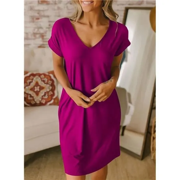 Women V-Neck Short Sleeve Summer Dresses Dark Purple Red