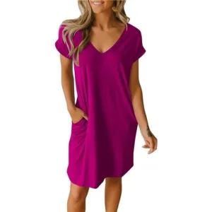 Women V-Neck Short Sleeve Summer Dresses Dark Purple Red