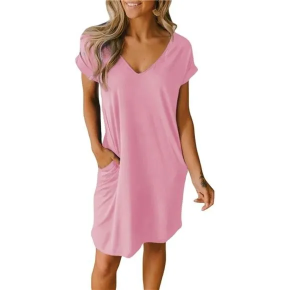 Women V-Neck Short Sleeve Summer Dresses Light Pink