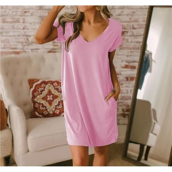 Women V-Neck Short Sleeve Summer Dresses Light Pink