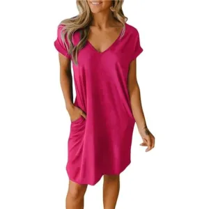 Women V-Neck Short Sleeve Summer Dresses Rose Red
