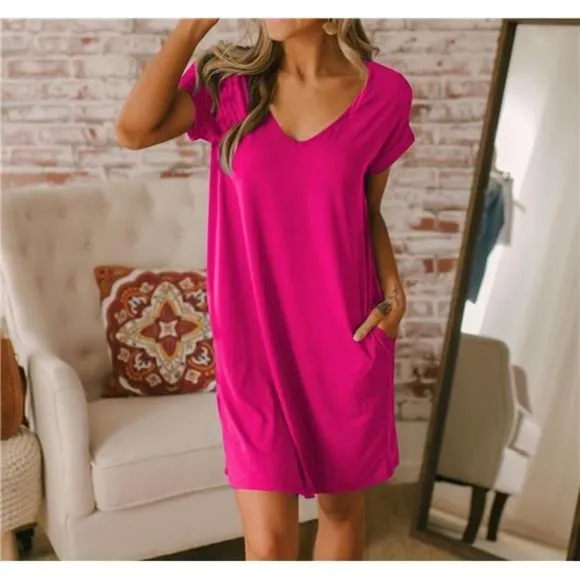 Women V-Neck Short Sleeve Summer Dresses Rose Red