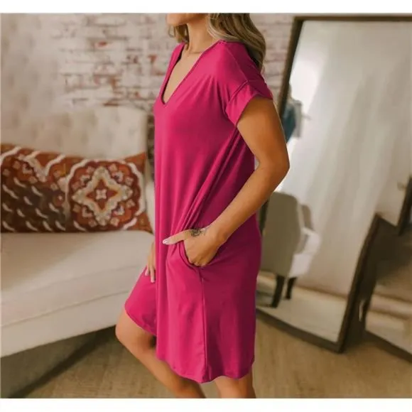 Women V-Neck Short Sleeve Summer Dresses Rose Red