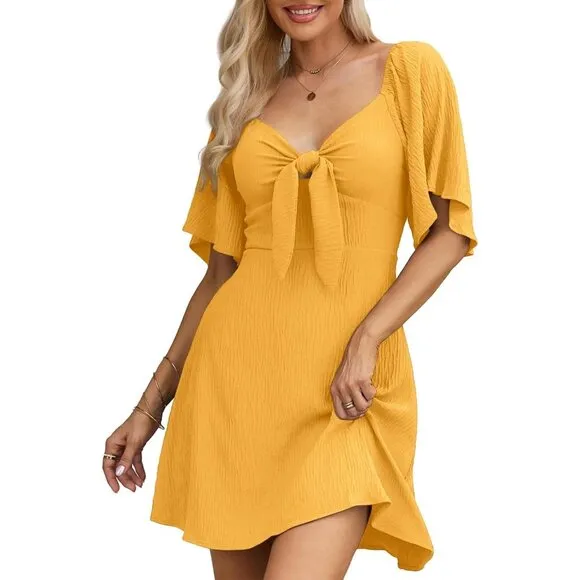 Womens Citrus Dresses 2024 Spring Summer Deep V Neck Elegant Bow tie Mini Dress