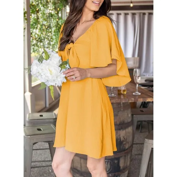Womens Citrus Dresses 2024 Spring Summer Deep V Neck Elegant Bow tie Mini Dress