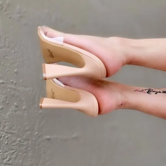 Women's Clear Open Pointed Toe Chunky High Mule‎ Sandals Nude Color