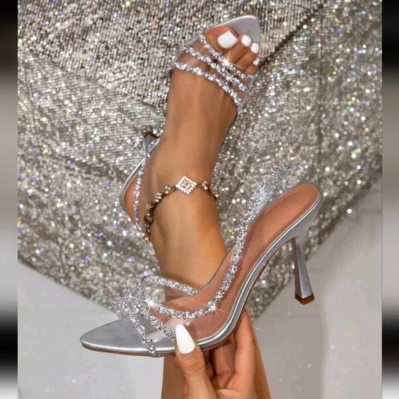 Women's Crystal Embellished Transparent PVC Ankle Strap Pointed Toe High Heel