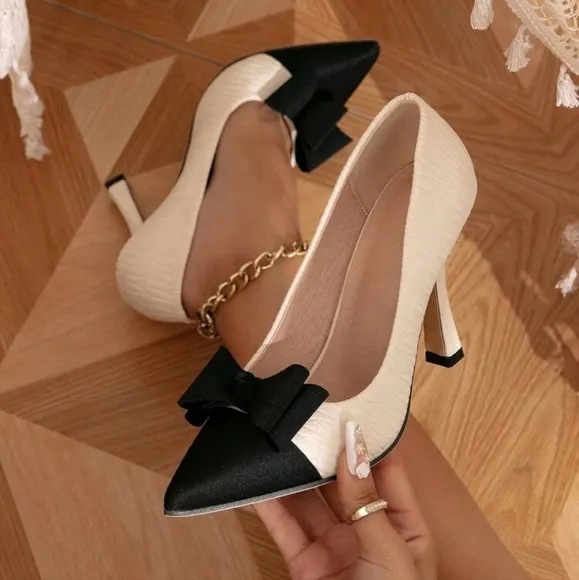 Women's Elegant High Heels With Black-and-white Bow Knot Design Autumn