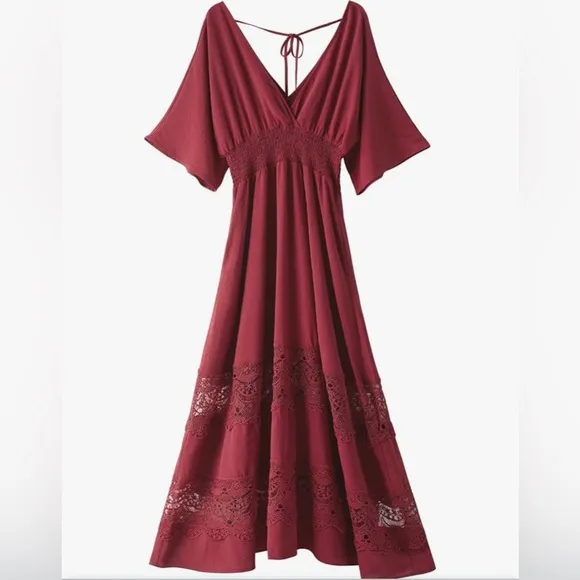 Women's Lace V Neck Party Dress Smocked Waist Boho Maxi Dress Bohemian Dress