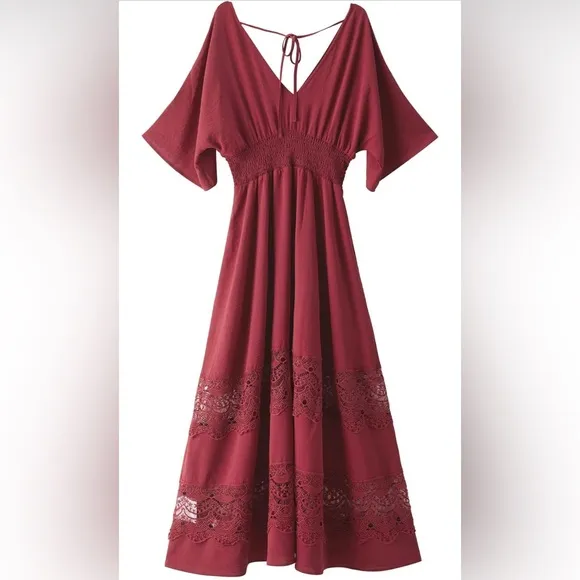 Women's Lace V Neck Party Dress Smocked Waist Boho Maxi Dress Bohemian Dress