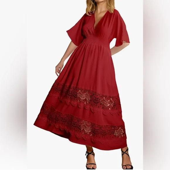 Women's Lace V Neck Party Dress Smocked Waist Boho Maxi Dress Bohemian Dress