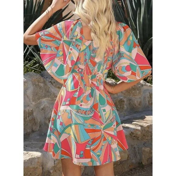 Womens Multicoloured Dresses 2024 Spring Summer Deep V Neck Bow tie Mini Dress