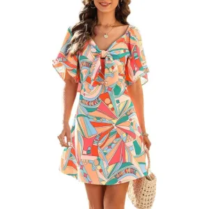 Womens Multicoloured Dresses 2024 Spring Summer Deep V Neck Bow tie Mini Dress