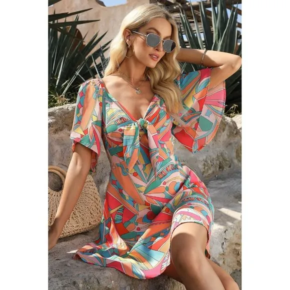 Womens Multicoloured Dresses 2024 Spring Summer Deep V Neck Bow tie Mini Dress