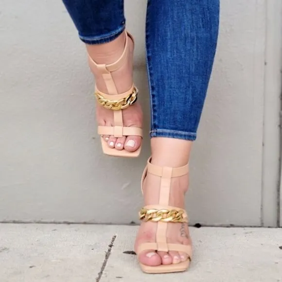 Women's Nude Gold Chain Chunky Heels