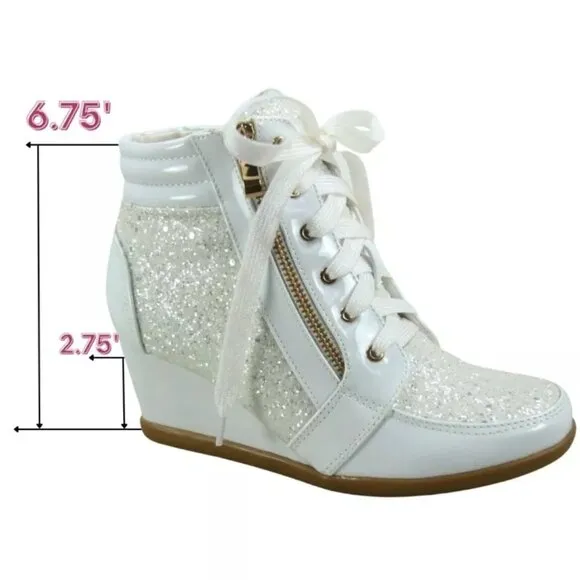 Women's Shiny Patent Glitter Ankle Wedge Lace UP Party Sneaker Booties  shoes