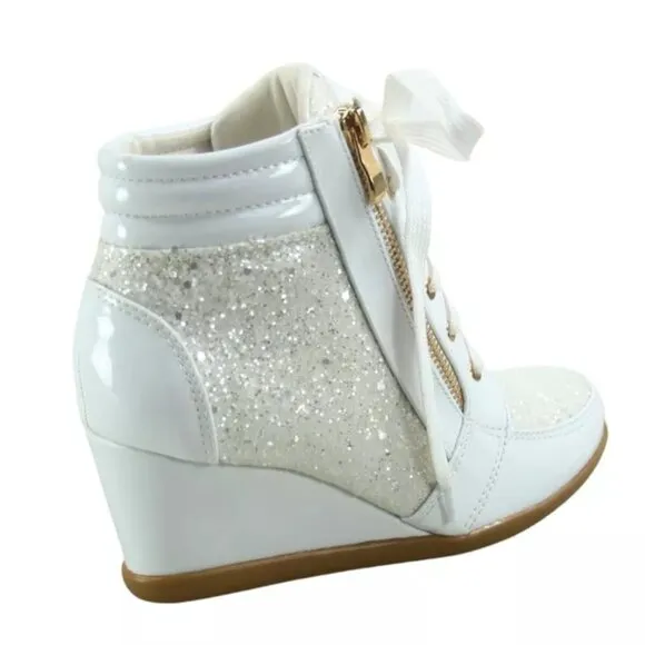 Women's Shiny Patent Glitter Ankle Wedge Lace UP Party Sneaker Booties  shoes