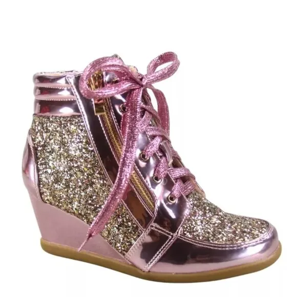 Women's Shiny Patent Glitter Ankle Wedge Lace UP Party Sneaker Booties  shoes