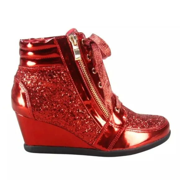 Women's Shiny Patent Glitter Ankle Wedge Lace UP Party Sneaker Booties  shoes