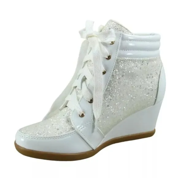 Women's Shiny Patent Glitter Ankle Wedge Lace UP Party Sneaker Booties  shoes