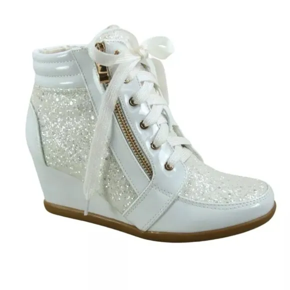 Women's Shiny Patent Glitter Ankle Wedge Lace UP Party Sneaker Booties  shoes