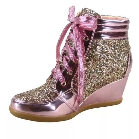 Women's Shiny Patent Glitter Ankle Wedge Lace UP Party Sneaker Booties  shoes