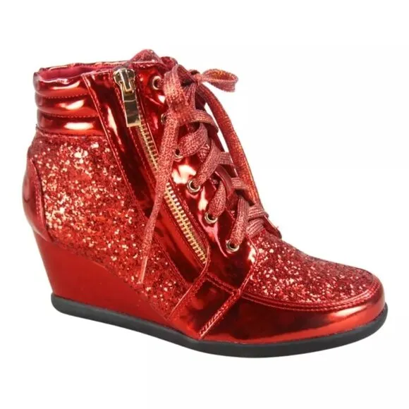 Women's Shiny Patent Glitter Ankle Wedge Lace UP Party Sneaker Booties  shoes
