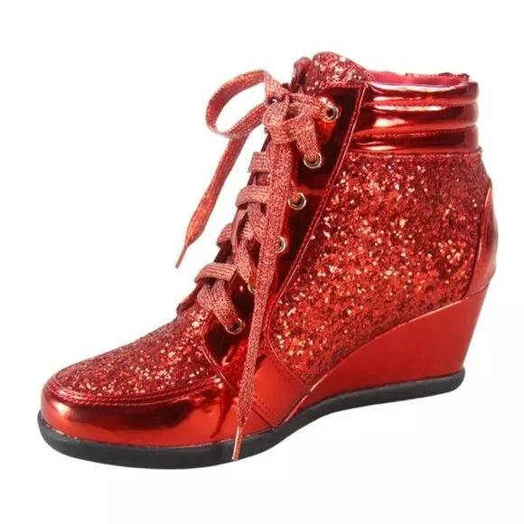 Women's Shiny Patent Glitter Ankle Wedge Lace UP Party Sneaker Booties  shoes