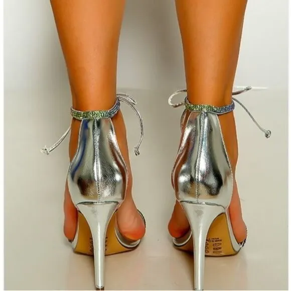 Women's Silver Rhinestone Front Tie Lace Up Detail Single Sole High Heels