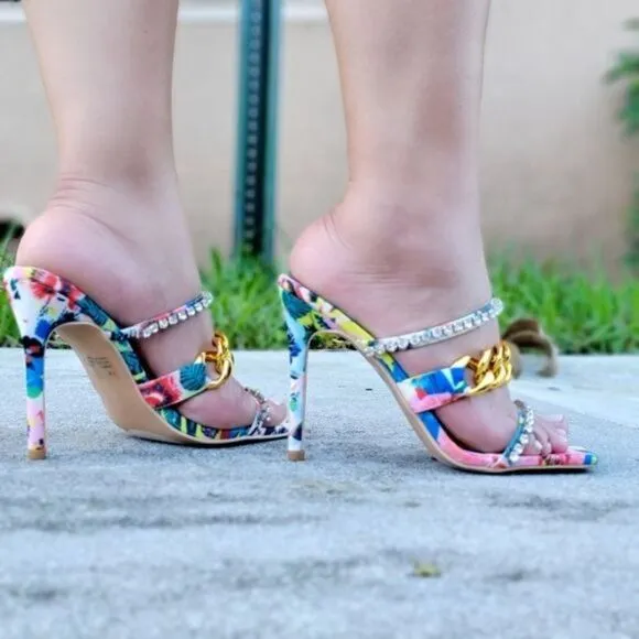 Women's  Strappy Slip On High Heels Sandals Print Color