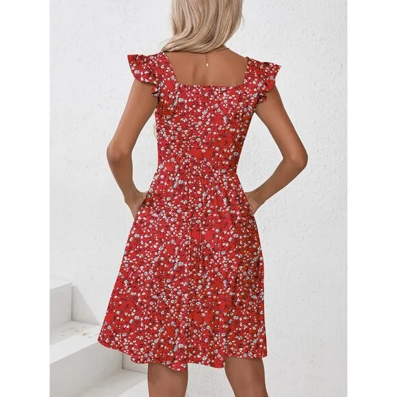 Women's Summer Dresses Casual Square Neck-Red Floral