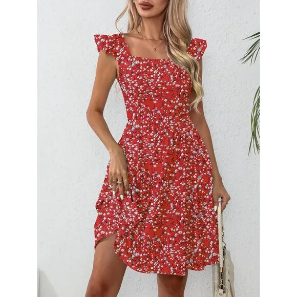 Women's Summer Dresses Casual Square Neck-Red Floral