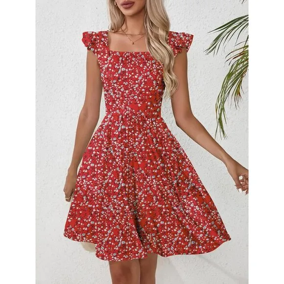 Women's Summer Dresses Casual Square Neck-Red Floral