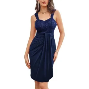 Women's Sweetheart Neck Sequin Lace Stitching Hip Cover Dress Navy Blue