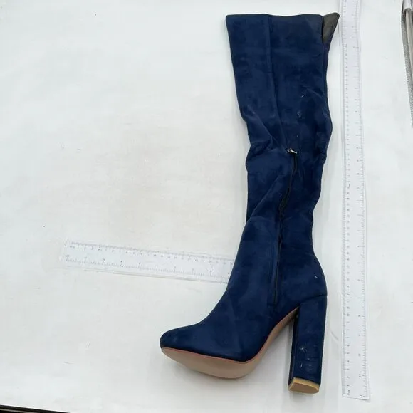 Women's Thigh High Boots Over The Knee Boot  Pointed Toe Chunky Heels Boots Blue