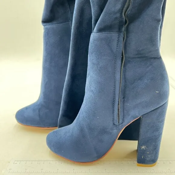 Women's Thigh High Boots Over The Knee Boot  Pointed Toe Chunky Heels Boots Blue