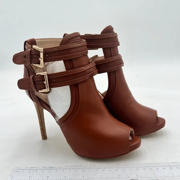 XYD Brown Peep Toe Ankle Bootie High Heels Buckled Double Straps Cutout Shoes