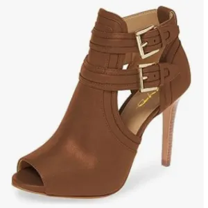 XYD Brown Peep Toe Ankle Bootie High Heels Buckled Double Straps Cutout Shoes