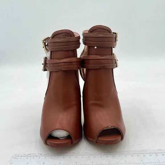 XYD Brown Peep Toe Ankle Bootie High Heels Buckled Double Straps Cutout Shoes