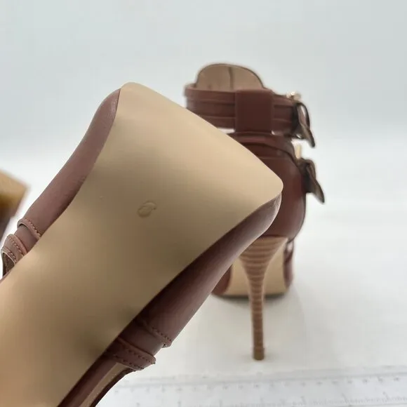 XYD Brown Peep Toe Ankle Bootie High Heels Buckled Double Straps Cutout Shoes