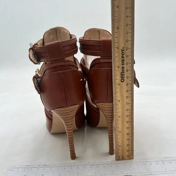 XYD Brown Peep Toe Ankle Bootie High Heels Buckled Double Straps Cutout Shoes