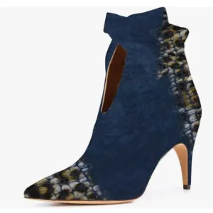 XYD Dark Blue Pointed Toe Ankle Booties Dress High Heels Cute Bow for Women