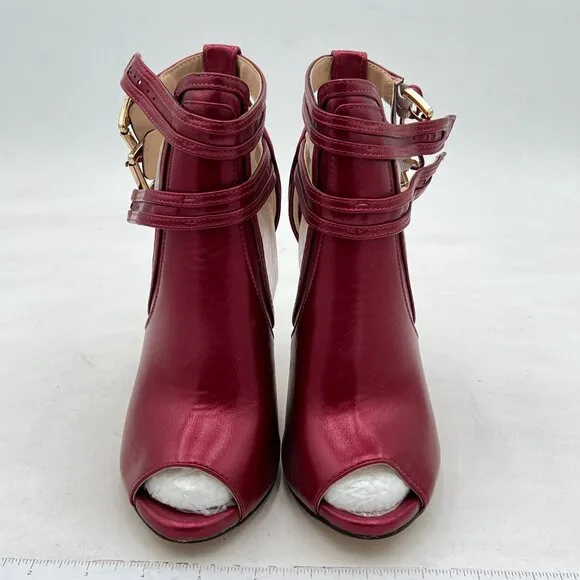 XYD Wine Peep Toe Ankle Bootie High Heels Buckled Double Straps Cutout  Shoes