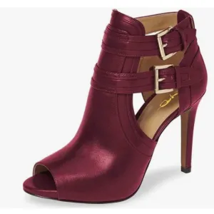 XYD Wine Peep Toe Ankle Bootie High Heels Buckled Double Straps Cutout  Shoes