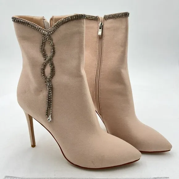 YDN Nude Suede Pointy Toe High Heel Side Zipper Rhinestone Chain Ankle Boot