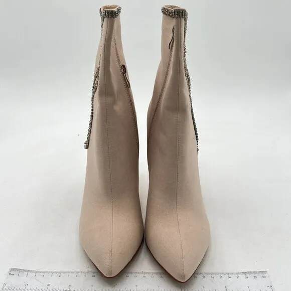 YDN Nude Suede Pointy Toe High Heel Side Zipper Rhinestone Chain Ankle Boot