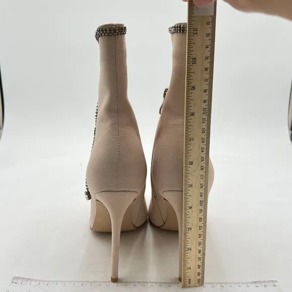 YDN Nude Suede Pointy Toe High Heel Side Zipper Rhinestone Chain Ankle Boot