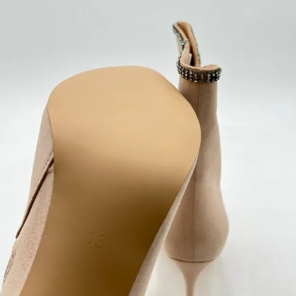 YDN Nude Suede Pointy Toe High Heel Side Zipper Rhinestone Chain Ankle Boot