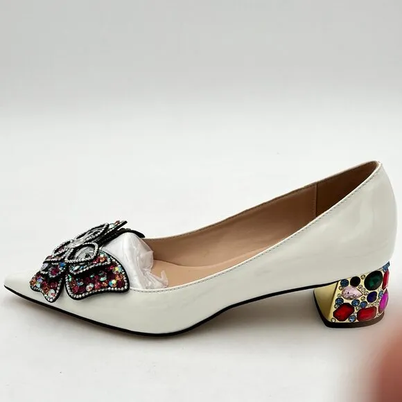 YDN White Bow Pump Butterfly Slip on Rhinestone Chunky Heels Pointed Toe