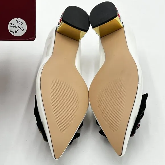 YDN White Bow Pump Butterfly Slip on Rhinestone Chunky Heels Pointed Toe